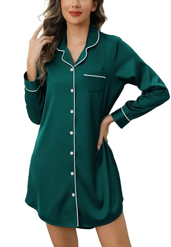 Samring Women's Satin Nightshirt Short/Long Sleeve Button Down Sleepshirt Silk Pajamas Sleep Shirt Nightgown for Women, Long Sleeve-dark Green, Small