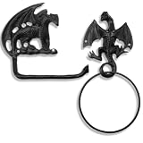 Mifoci 2pcs Cast Iron Dragon Towel Ring and Toilet Paper Holder, Gothic Dragon Wall Mounted Bathroom Towel Holder, Medieval Fantasy Bathroom Decor Vintage Rustic Wall Mounted Metal Hanger