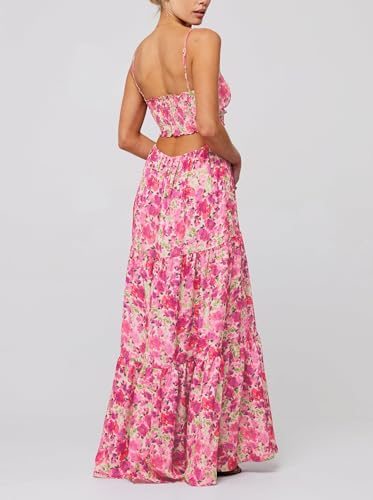 Image of Aopwsrlyi Women Summer Sleeveless Backless Spaghetti Strap Long Floral Dress Sexy Cut Out Smocked Flowy Maxi Dress