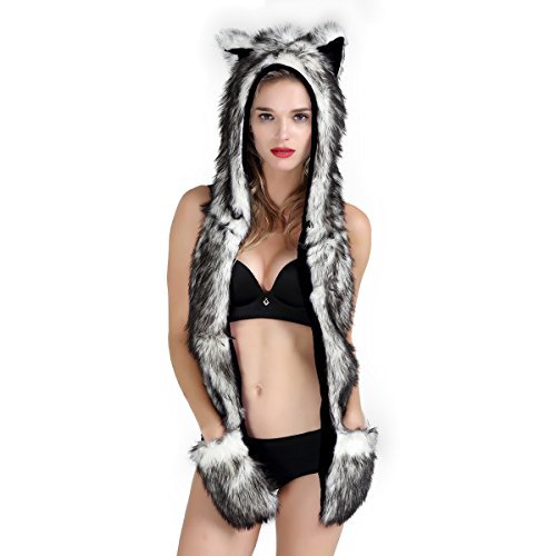 Faux Fur Animal Hat Scarf Gloves Mittens 3-in-3 Function Furry Hoodie with Paws Ears