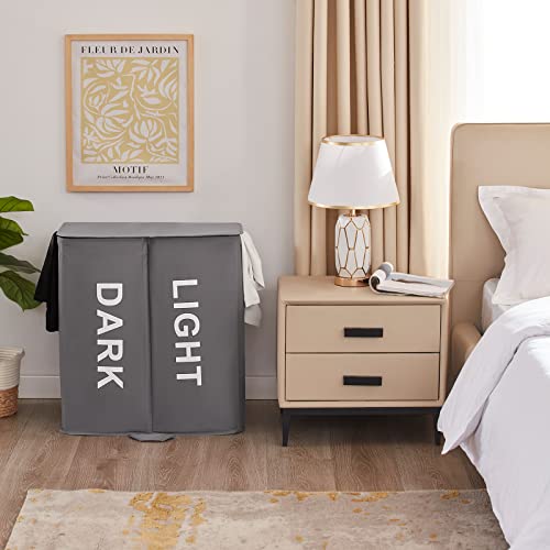 Lifewit 135L Cesta Portabiancheria Doppia con Coperchio e Sacchi Rimovibili, Grande Portabiancheria Divisa, Cesto per il Bucato Pieghevole a 2 Scomparti per Camera da Letto, Bagno, Lavanderia, Grigio