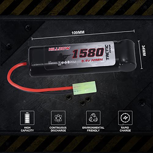 Hilldow 8.4V NiMH Airsoft Battery 1580mAh Rechargeable Flat Pack Batteries High Performance Compatible with Mini Tamiya Connector for Airsoft Guns Rifle Model