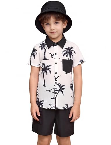 Image of IBTOM CASTLE Boys Hawaiian Button Down Shirts and Short Sets with Bucket Hat Kids Summer Vacation Outfits Tropical Shirt