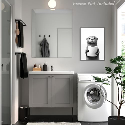 Dazzlewall Lustiges Badezimmer WandBild, Niedlicher Otter mit Toiletten Bild, Schwarz Weiß Tierbild für Badezimmer Toiletten Deko 12x16 Zoll Ungerahmt