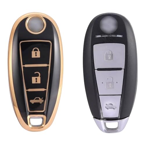 Image of TPU Car Key Cover Black & Golden Compatible for Suzuki Baleno, Vitara Brezza, Ignish, Ciaz,S-Cross, Swift (Suzuki, 3 Button Push Start Key)