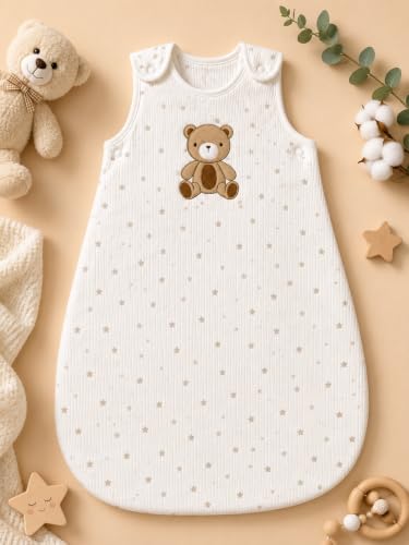 Image of TuddyBuddy Baby Cotton Wearable Quilted Sleeping Bag Blanket 1.5 Tog with 2 Way Zipper Closure | Ideal for Babies & Kids Hypoallergenic Fabrics | (Teddy & Stars AOP - White, 6-12 Months)