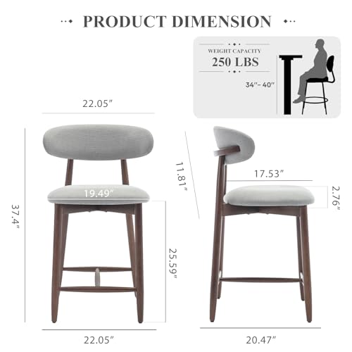 Image of Upholstered Counter Height Bar Stools, Kitchen Island Stools with Back, Modern Counter Stools Chairs with Wood Legs for Kitchen Island Dining Room, Light Grey