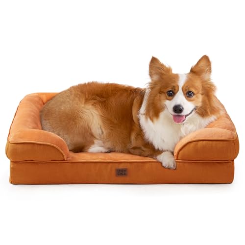 Image of EHEYCIGA Orthopedic Dog Beds for Large Dogs, Waterproof Memory Foam Large Pet Bed with Sides, Non-Slip Bottom and Egg-Crate Foam Dog Couch Bed with Washable Removable Cover,Pumpkin Orange