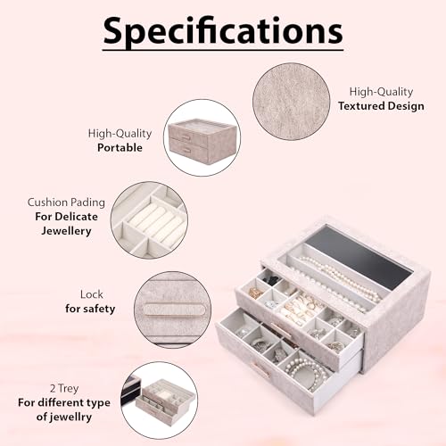 Image of BucketList Premium PU Leather Jewellery Organizer Box with Glass Lid | 2 Pull-Out Drawers Multi-Compartment Storage for Rings, Earrings, Necklaces & Bracelets (2-Layer Jewelry Box (White))