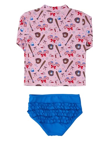 Image of RuffleButts Baby /Toddler Girls Long Sleeve Rash Guard 2 Piece Swimsuit Set w /UPF 50+ Sun Protection with Zipper