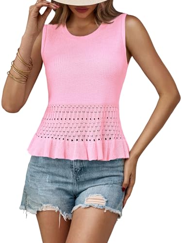Image of Saodimallsu Womens Crochet Tank Top Sweater Vest | Sleeveless,Crew Neck,Pullover Top, Ruffle,Boho,Knit,Beach Vacation Outfits
