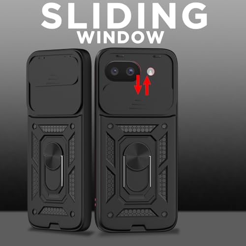 Image of Pikkme Back Cover for Google Pixel 9A | 360 Protection Case | Sliding Camera Shield Cover & Ring Holder Stand D10 Tough Armor Bumper Case (Black)