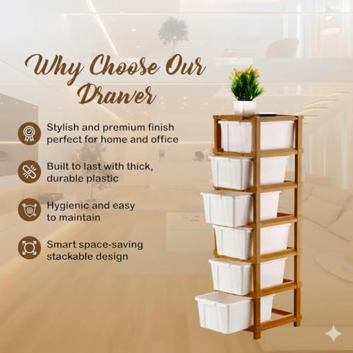 Image of 6 Layer Plastic Modular Storage Drawer Organizer | Chest of Drawer Storage Box for Living Room, Office, School and Home Toys | Organiser for Kids Room | Ivory & Brown (6-Layer ivory)