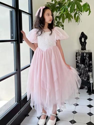 New 1-9 Years Seechoslo Girls Princess Dress Sparkly Sequin Bodice Puff Sleeve Tulle Party Dress2