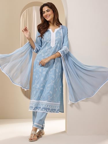 Image of Libas Womens Embroidered Cotton Straight Kurta With Trousers and Dupatta