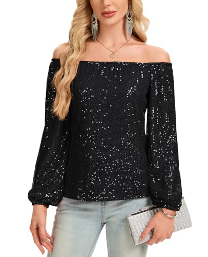 Kyzoeyou Damen Pailletten Oberteil Glitzer Tops Langarm Schulterfrei T-Shirt Bluse