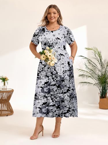 Image of LARACE Plus Size Dresses for Women Summer Casual Short Sleeve Long Dress Flowy Maxi Beach Dresses with Pockets L-6XL