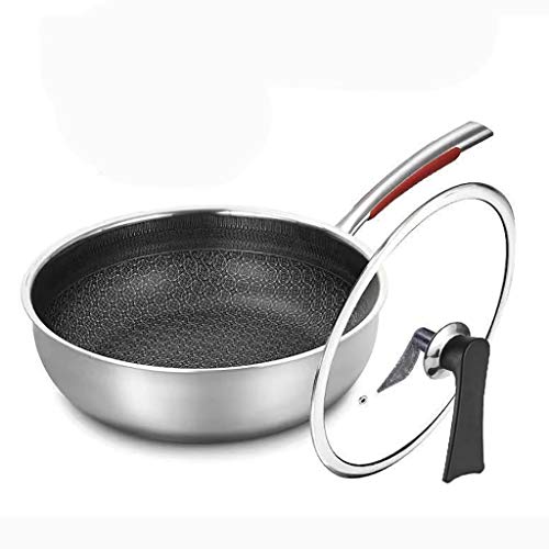 SH-chaoguo Frying Pan/Fry Wok/316 Stainless Steel Non-Stick Pan/Cooking Pan, Uncoated, (30cm) for Induction Cooker,Gas Stove (Size : with Cover)