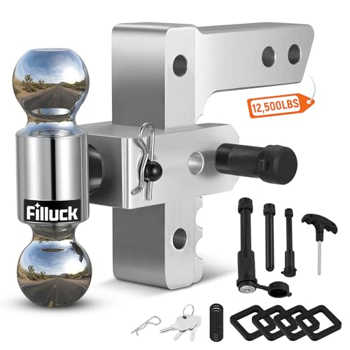 Filluck Adjustable Trailer Hitch Fits 2" Receiver, 2" & 2-5/16"(12,500 LBS GTW) Rotatable Dual Solid Ball, 6" Drop/Rise Heavy Duty Aluminum Tow Hitch, Trailer Hitches with Anti-Theft Pin, Silver