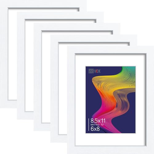 Image of VCK 8.5 by 11 Picture Frame 5 Pack, White Wood, 6x8 Mat, Glass, for Diploma