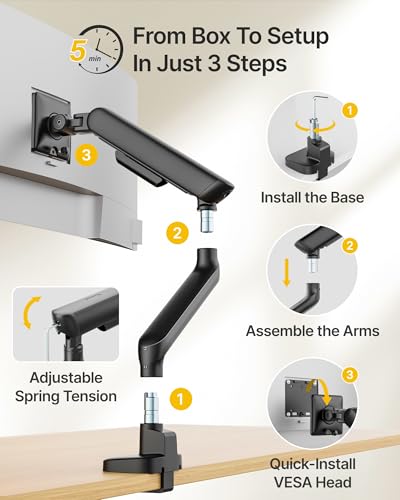Image of monTEK Mechanical Spring Single Monitor Arm with USB for 40in Screen Black | Built-in One-Way Bearing, Holds 26.4 lbs, VESA 75 /100mm, C-Clamp /Grommet Base & Cable Management, Office, Home, Game