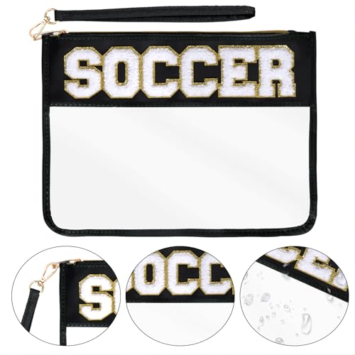 Chenille Letter Bag, Clear Nylon Cosmetic Makeup Bag with Zipper, Varsity Preppy Patch Flat Travel Pouch for Women Girls Gift (Black-SOCCER)3