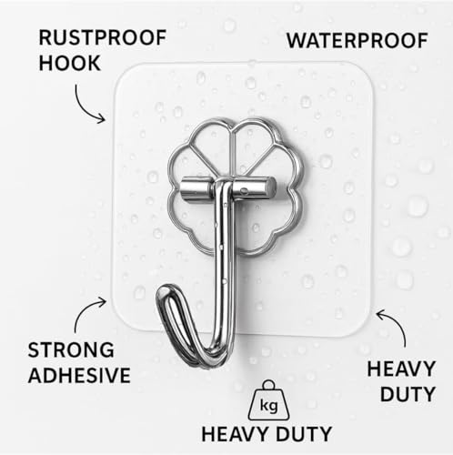 Image of Self Adhesive Hooks for Hanging | Heavy Duty Adhesive Wall Hooks for Wall Heavy Items | Sticker Screw Wall Hook Without Drilling, Nail Free Wall Hooks for Clothes Towels (Flower Hook, 10-pcs)