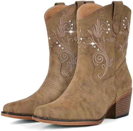 IUV Cowboy Boots for Women Ankle Cowgirl Boots with Embroidered Rhinestone Decor Chunky Heel Snip Toe Classic Western Wide Booties