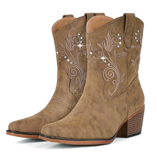 Best Cowboy Boots for Wedding: Find Your Perfect Pair 13 IUV Cowboy Boots for Women Ankle Cowgirl Boots with Embroidered Rhinestone Decor Chunky Heel Snip Toe Classic Western Wide Booties