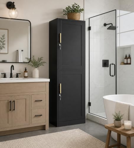 Image of Metal Locker Storage Cabinet Tall Narrow Storage Cabinets with 3 Adjustable Shelves and for Home Office, Living Room, Dining Room (Black 2 Door)