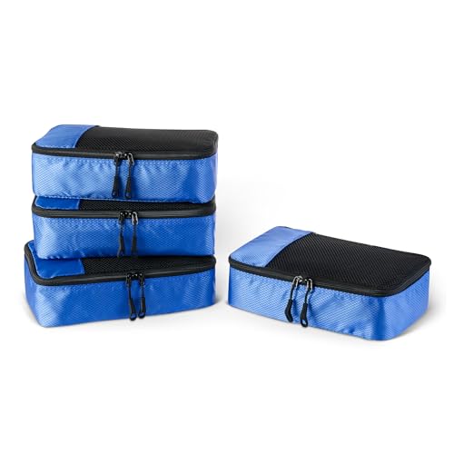 Amazon Essentials 4-Piece Packing Cubes Travel Accessories Set, Space-Saving Luggage Organizers with Double Zipper, Mesh Top, Small/Medium/Large/Slim, Blue (Previously Amazon Basics)