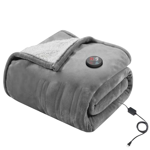 GOTCOZY Heated Blanket Electric Throw 50''X60''- Electric Throw Blanket with One Touch Button 10 Heating Level & 9 Time Settings Heating Blanket, Machine Washable (Gray)