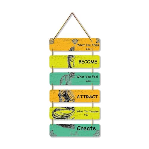 Image of Buddha Wooden Wall Hanging with Motivational Quotes | Positive Inspirational Wall Decor for Home Office Living Room Bedroom | Durable MDF Plaque (31 x 12 Inch, Multicolor)