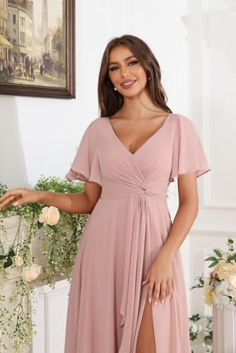 Image of HANVAIOS Long Sage Green Bridesmaid Dresses for Wedding Chiffon V Neck Short Sleeve Evening Gown with Slit Pocket Size 8