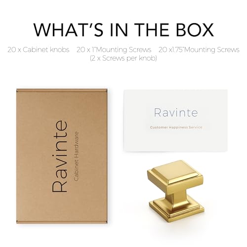 Image of Ravinte 20 Pack Gold Square Kitchen Cabinet Knobs,Zinc Solid Drawer Pulls,Farmouse Cabinet Handles for Cupboard, Closet, Dresser and Bathroom, Modern Cabinet Hardware for Cabinets