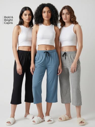 Image of Fflirtygo Women's Cotton Plain Calf Length Capri | Nightwear Pajama | 3 /4th Solid Pyjama Pant | Black Navy and Lavender Lounge Pants | Casual wear & Lounge Wear Capri Combo (Pack of 3)