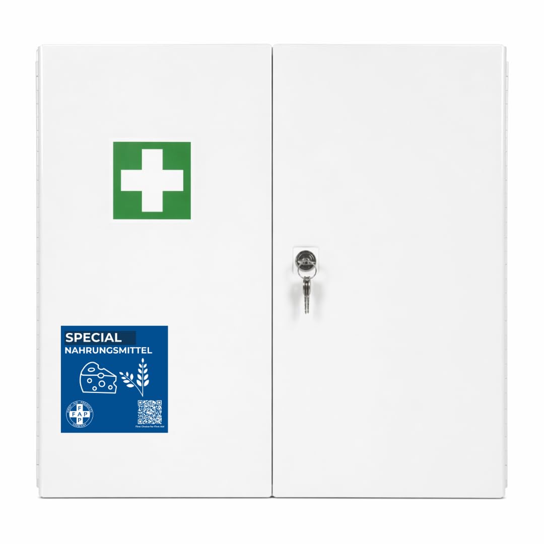FAP Verbandschrank Nahrungsmittel DIN 13169 gefüllt | Zweitürig & HACCP | Metzgerei Bäckerei Lebensmittelproduktion Küche, Detect Pflaster, Betriebsverbandschrank Stahlblech Wandmontage -60×50×13 cm