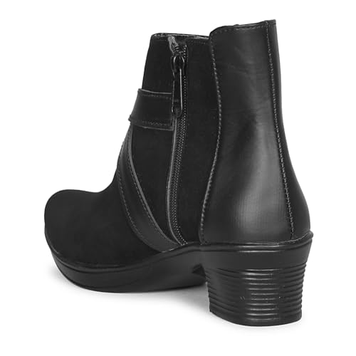 Image of KRAFTER Women's Ankle Boots Stylish Faux Suede & Leather Block Low Heel with Cross Straps and Side Zipper Design Comfortable Fashion for Casual & daily Wear