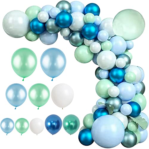 Image of 125pcs Blue Green Macaron Balloon and Metallic Blue Silver Balloon Garland Kit for Birthday Retirement Bridal Baby Shower Graduation Wedding Anniversary Party Decoration
