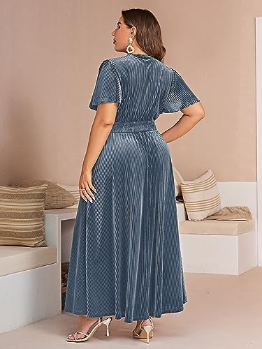 Image of Simplee Women's V Neck Velvet Maxi Dress Short Sleeve Empire Waist Long Formal Dress for Wedding Guest