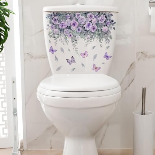 2 Blätter Lila Blume Aufkleber Pflanze Rose Schmetterling Deckel Abziehbilder Selbstklebend Badezimmer Wanddekoration Deckel Abziehbilder WC Zubehör