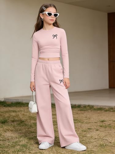 Image of Tween Girls Clothes Long Sleeve Bow Knot Print Top + Wide Leg Pants 2 Piece Outfit Set, Size 7-16 Years