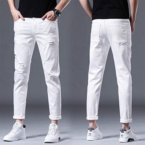 Micro-Elastic Mid-Rise White Casual 9-Point Pants Washed Youth Jeans (Size : Medium)2