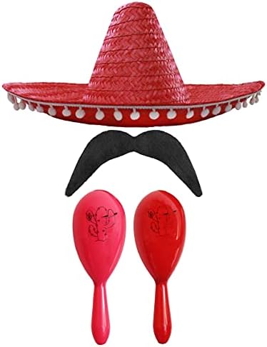 MEXICAN FANCY DRESS ACCESSORY SET - MEXICAN SOMBRERO WITH MARACAS AND TASH BLACK POM POM SOMBRERO + 2X GREEN MARACAS