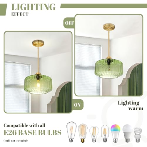 Image of Modern Green Pendant Lights 11.02 inch Green Flush Mount Ceiling Light Fixtures with Hammered Glass, Gold Mid Century Chandelier for Bedroom Dining Room Kitchen Island