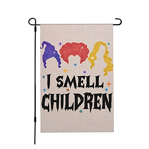 Staychicfashion Halloween Garden Flag 12 x 18 Inch,Hocus Pocus I Smell Children Flag,Sanderson Sisters Burlap Double Sided Vertical Outdoor Decorations Fall Holiday Yard Decor