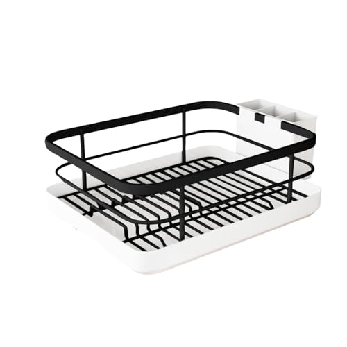 Multifunktionales Abtropfgestell mit abnehmbarer Abtropfschale und Besteckhalter, platzsparendes Abtropfgestell aus ABS und Edelstahl, für Geschirr, Löffel und Essstäbchen, Schwarz