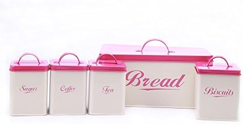 X004 Metal Square Kitchen Bread Bin/Box/Container/Home Gift Biscuits Tea Coffee Sugar Storage Tin Canister Sets (Pink)