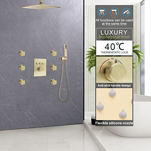 Backnets Brushed Gold Shower System 12 Inch Led Ceiling Rainfall Shower Head With Body Jets And Handheld Shower Full Body Thermostatic Rain Shower Fixtures System Can Run Together #TOP4