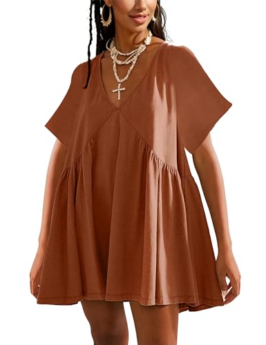 Image of Gozoloma Women Summer Short Sleeve Mini Dress Casual Loose V Neck Flowy Sundress Vacation Tshirt Sun Dress with Pockets